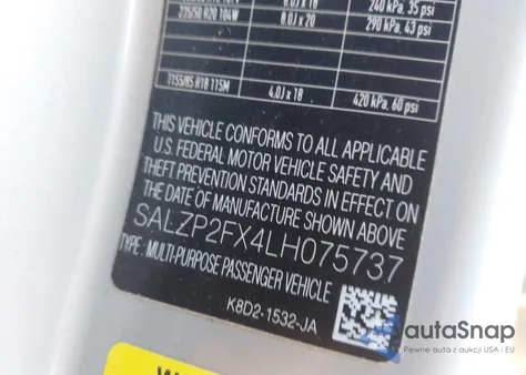 2020 Land Rover Range Rover Evoque Se z USA, uszkodzony, nr VIN SALZP2FX4LH075737